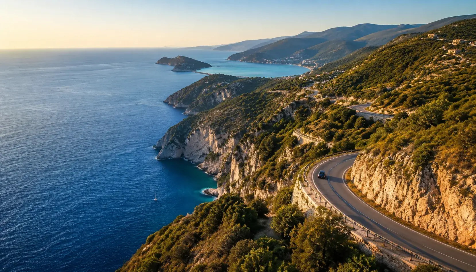 Coastal road winding along the Albanian Riviera