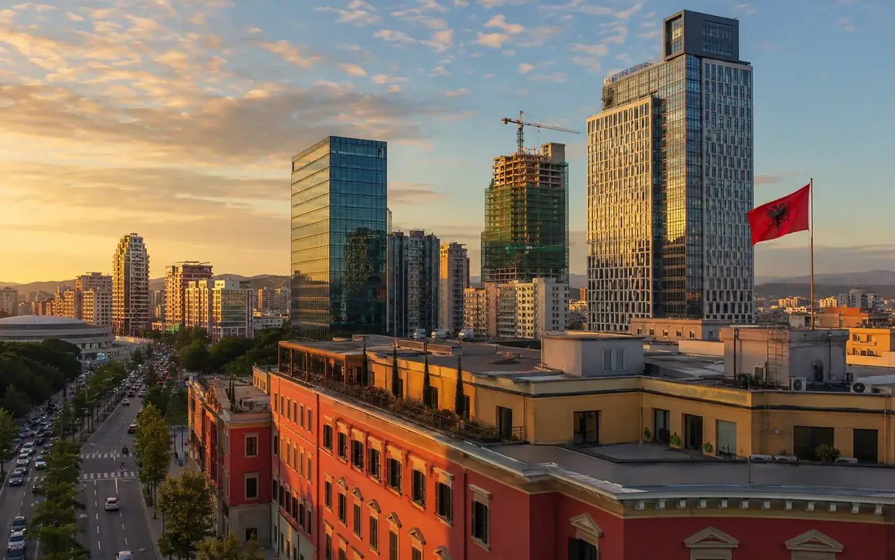 Tirana skyline at sunset with high-rise towers and an Albanian flag