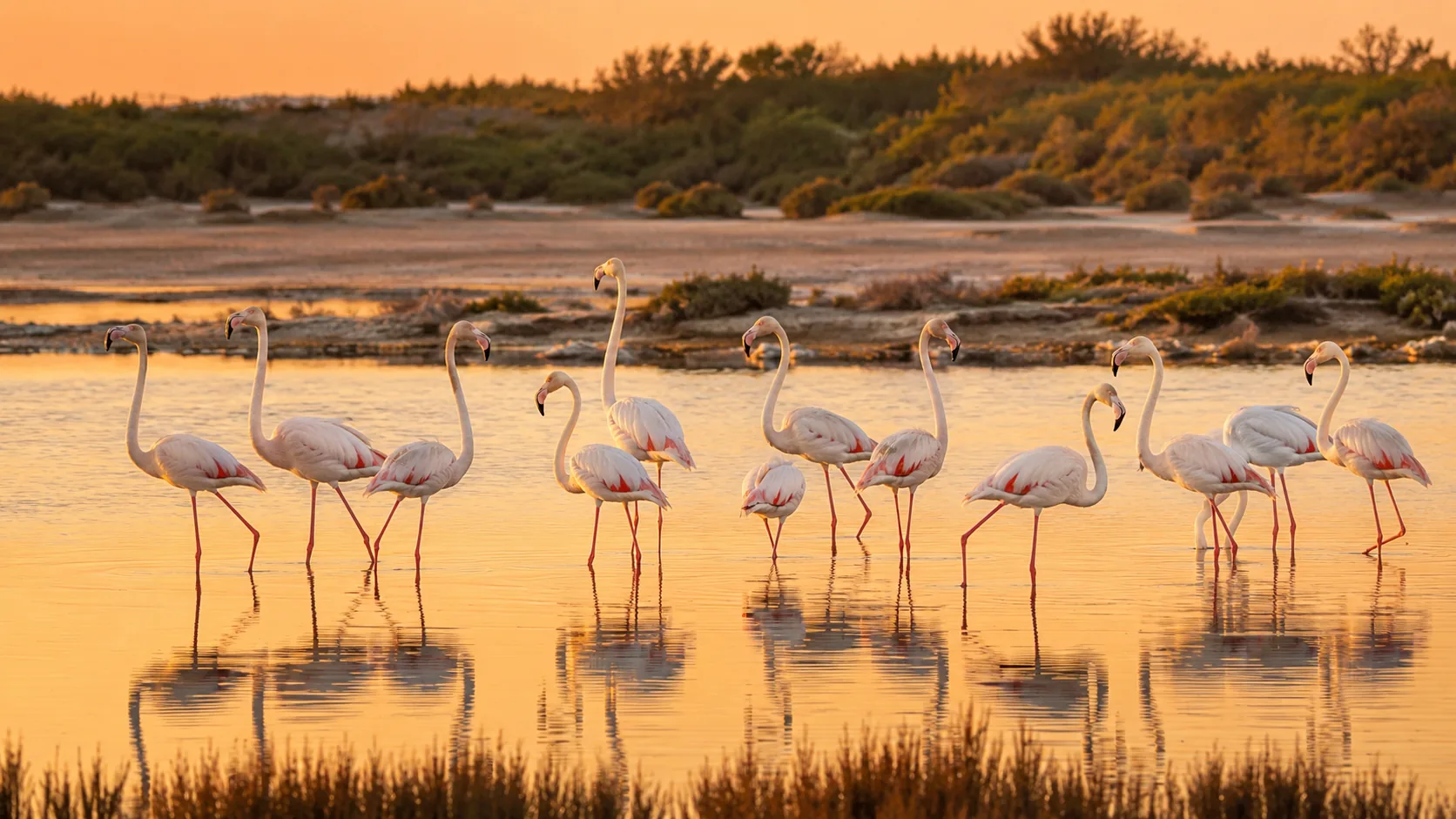 Pink flamingos standing in the shallow waters of Narta Lagoon, Albania