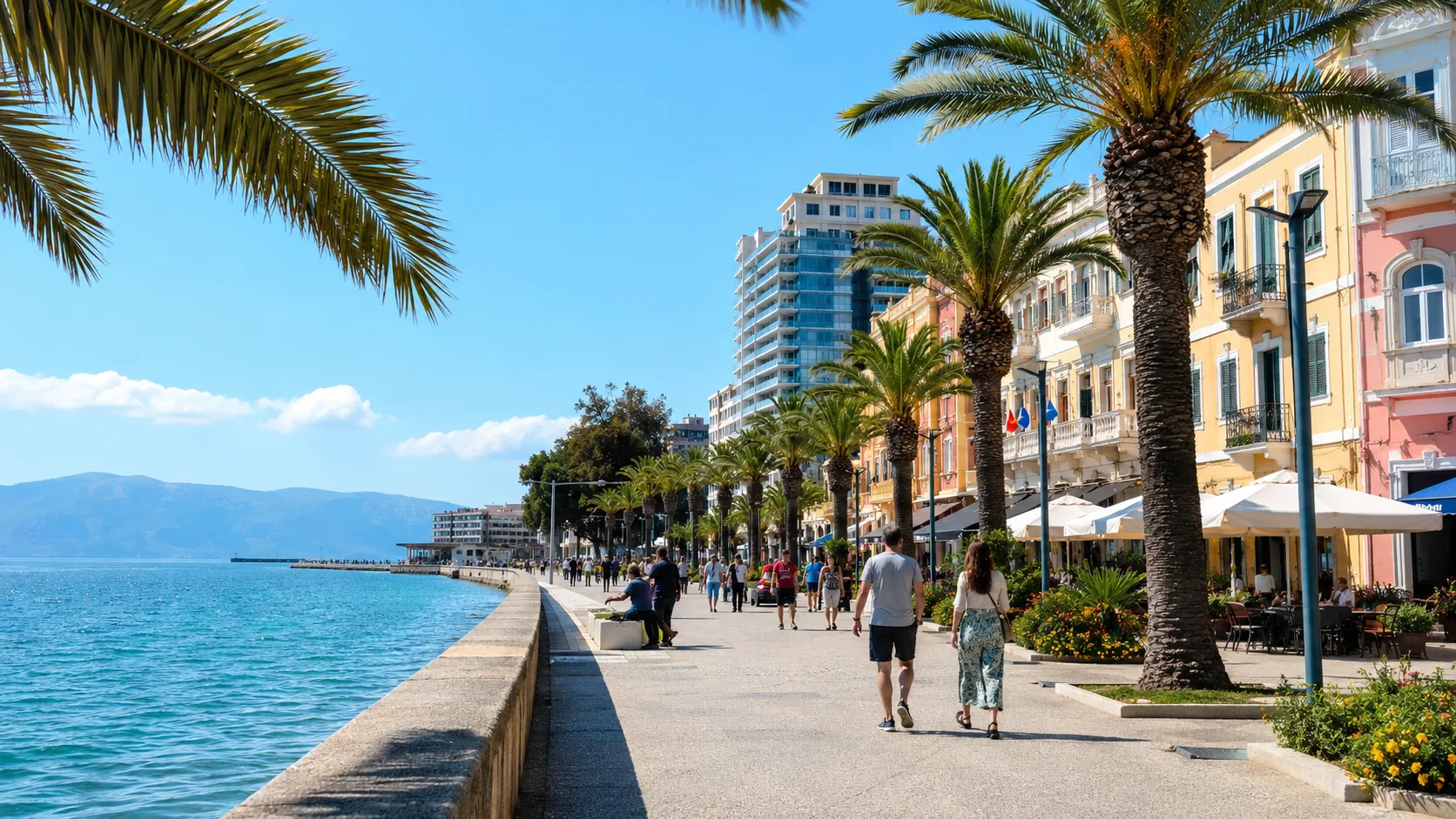 Vlora waterfront promenade with palm trees along the Adriatic Sea