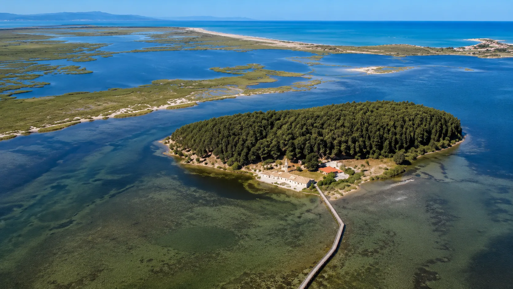 Aerial view of Zvernec island and Narta Lagoon near Vlora, Albania
