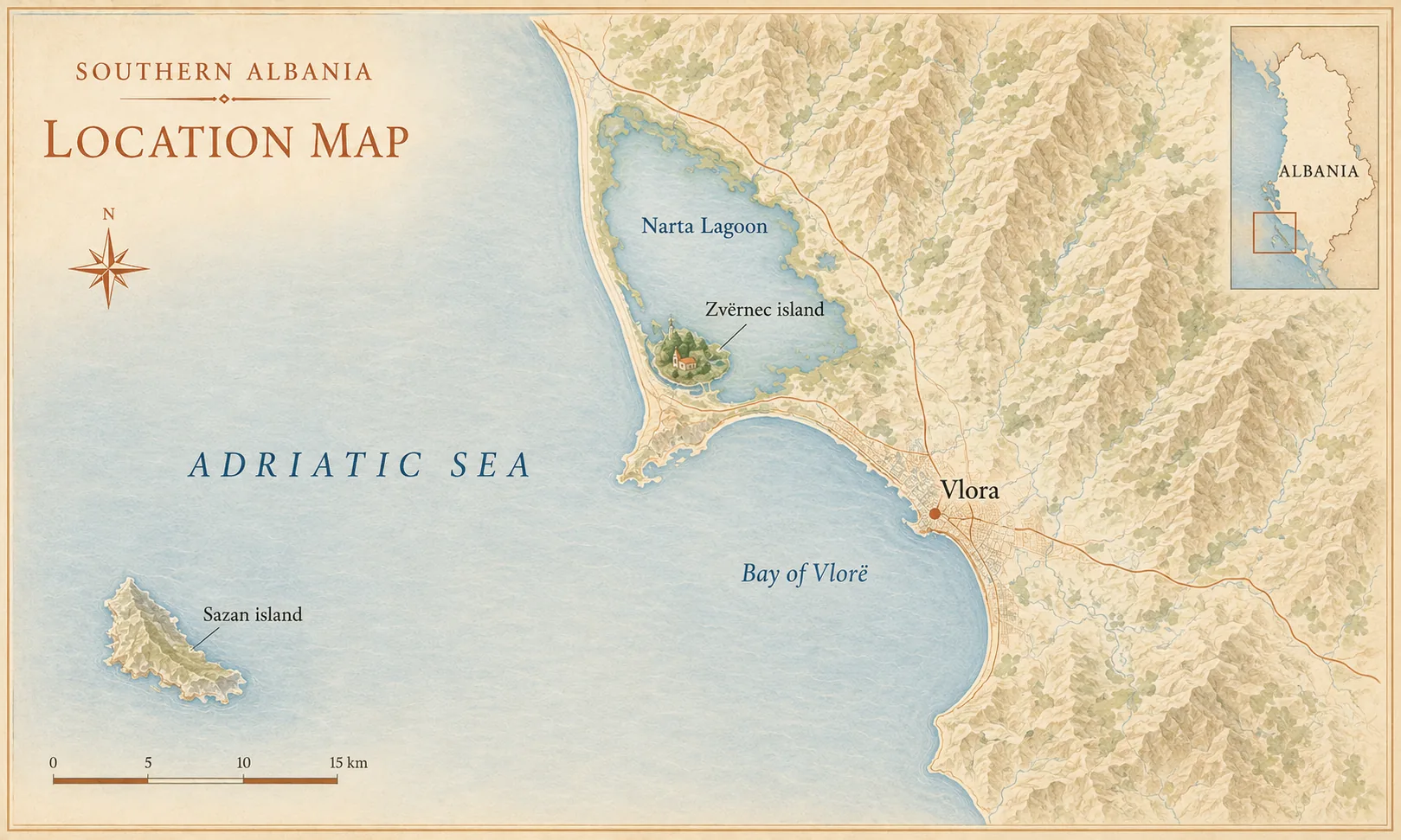 Map showing Zvernec, Narta Lagoon, Vlora, and Sazan island on Albania's southern Adriatic coast