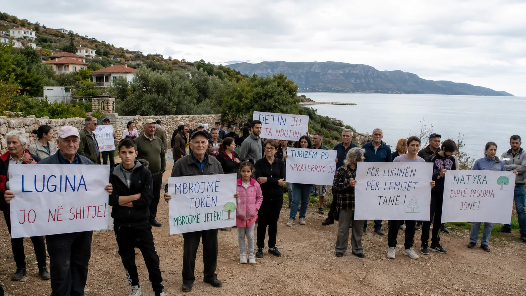 Protesters gathering at the Zvernec resort development site near Vlora, Albania